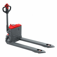 Raelon CBD20W-II electric pallet jack viewed from the fork end at a three-quarter angle, showing the battery housing and both forks with entry rollers