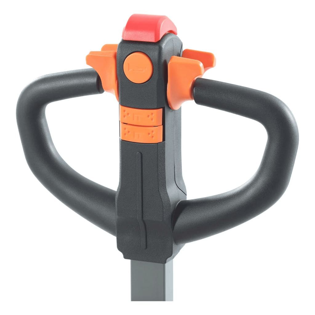 Close-up of the CBD20W-II tiller handle from the operator side, showing the orange butterfly throttle, horn button and lift and lower buttons
