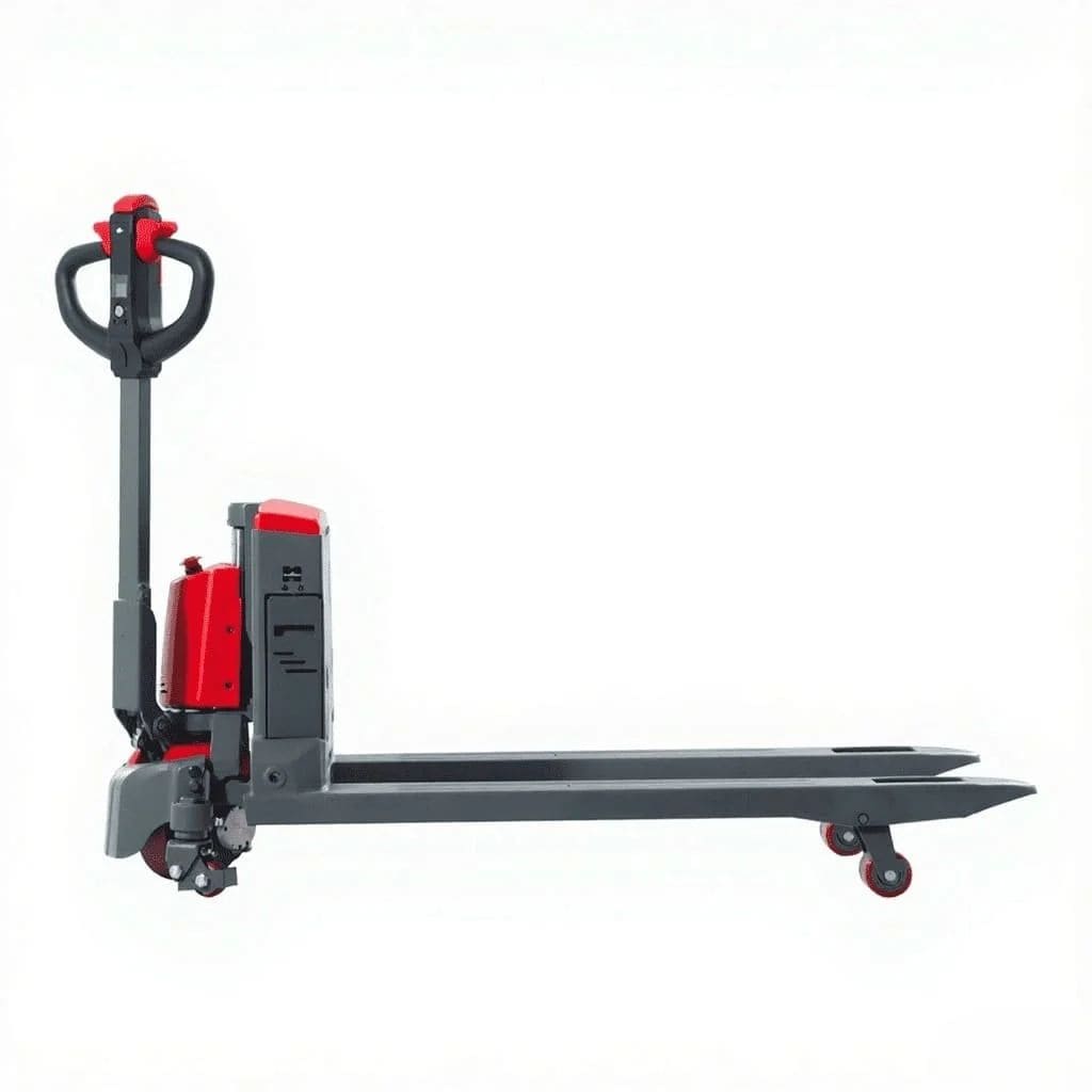 Side profile of the Raelon CBD20W-II electric pallet jack with the handle upright, battery compartment, forks and fork-tip load wheels