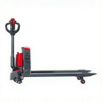 Side profile of the Raelon CBD20W-II electric pallet jack with the handle upright, battery compartment, forks and fork-tip load wheels
