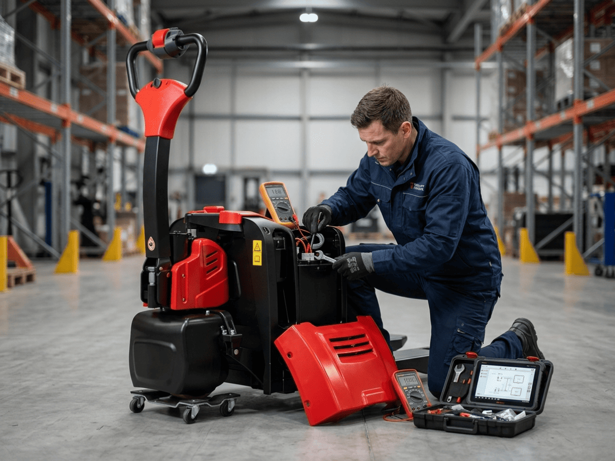Technician inspecting a Raelon electric pallet jack with tools and support equipment in a warehouse