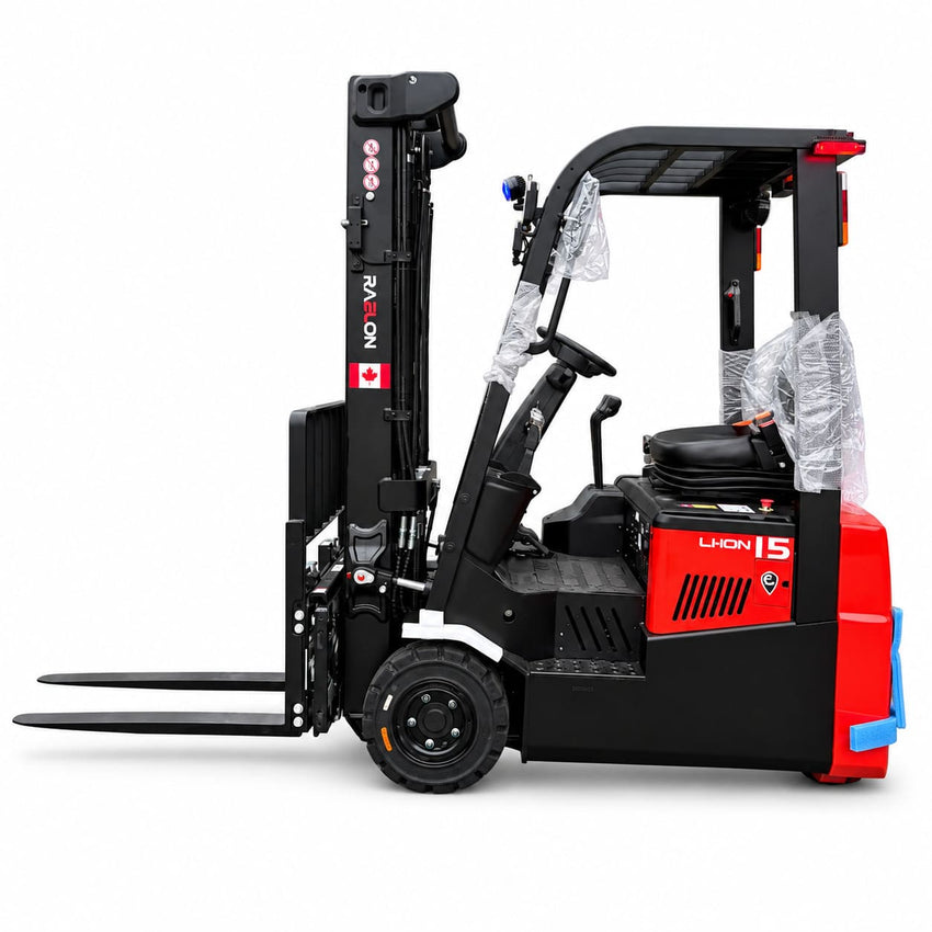 Raelon CPD15 3300lbs electric forklift front left view with triplex mast