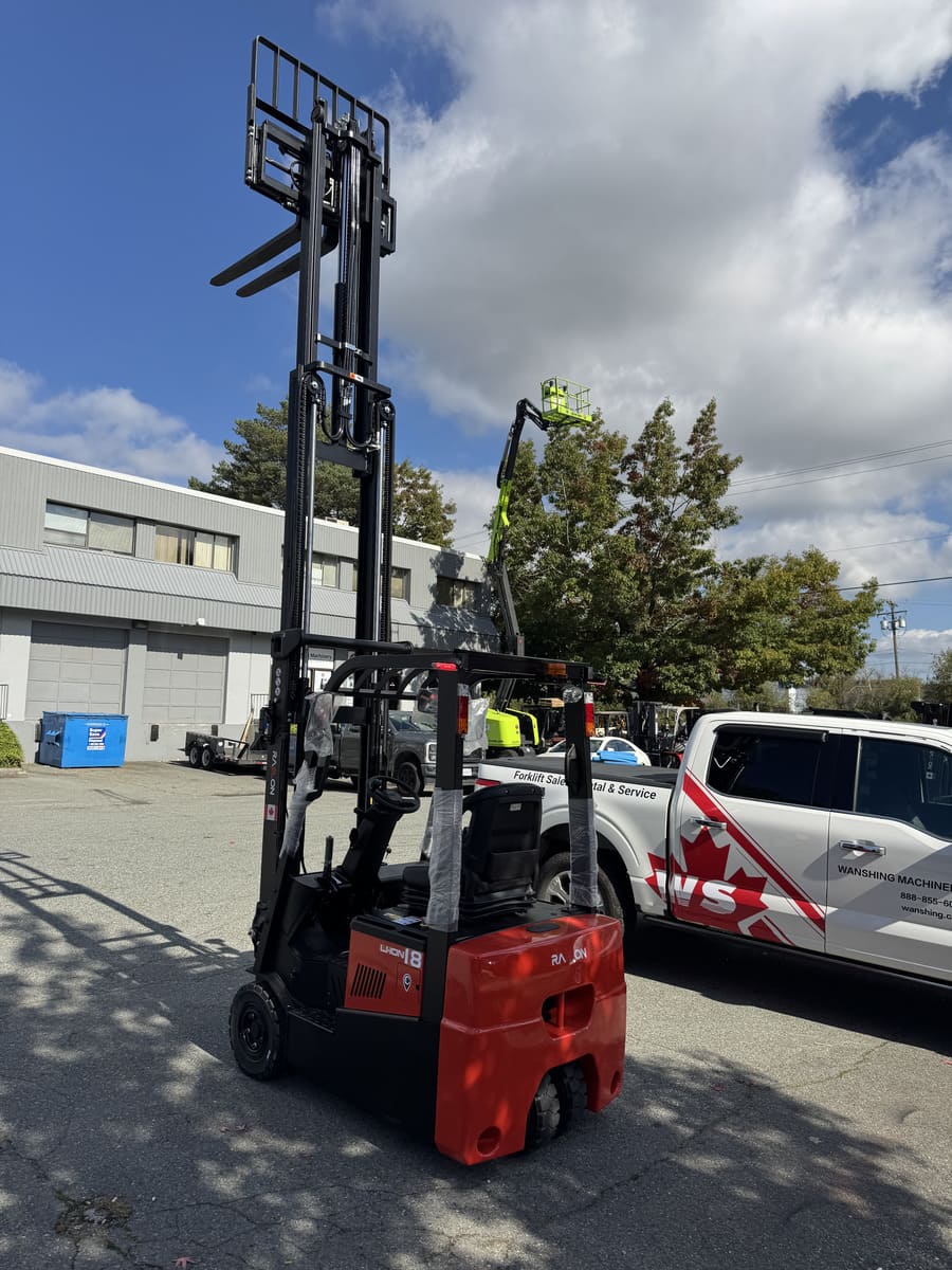 Raelon CPD18 4000lbs electric forklift with mast fully raised rear angle view