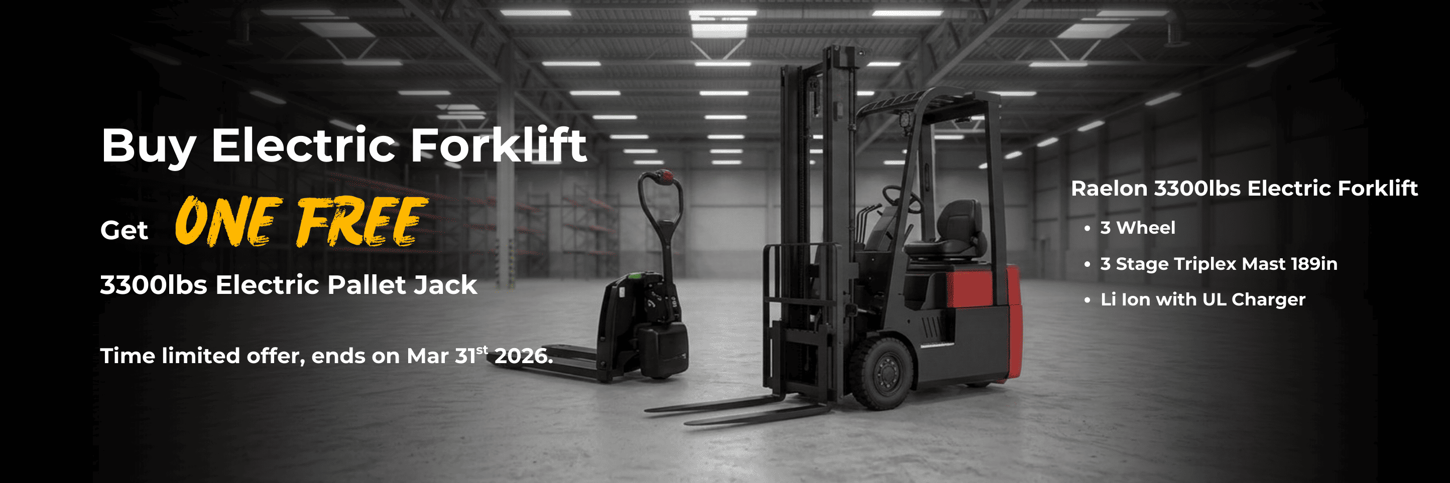 Raelon electric forklift for warehouse material handling heavy duty lifting equipment