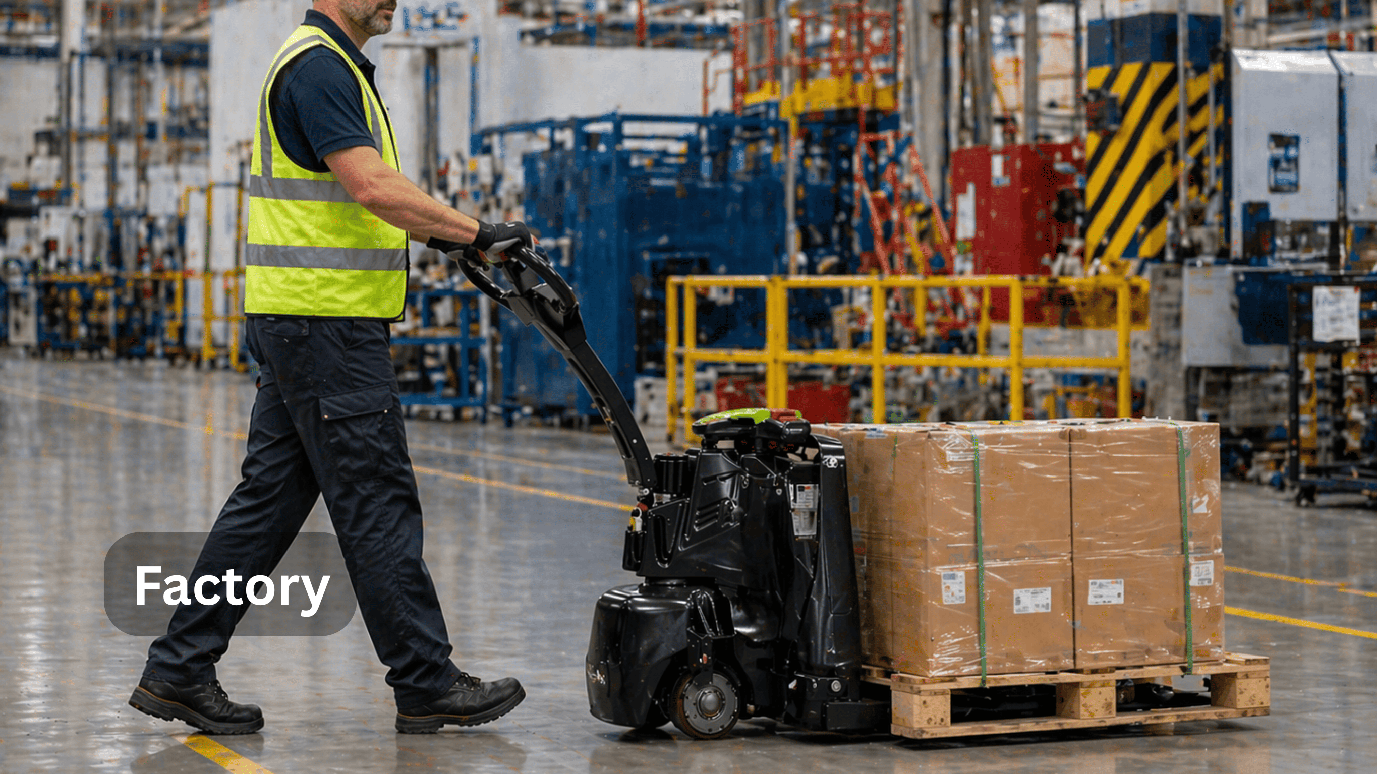 Raelon electric pallet jack F4-201 transporting pallet loads in factory environment