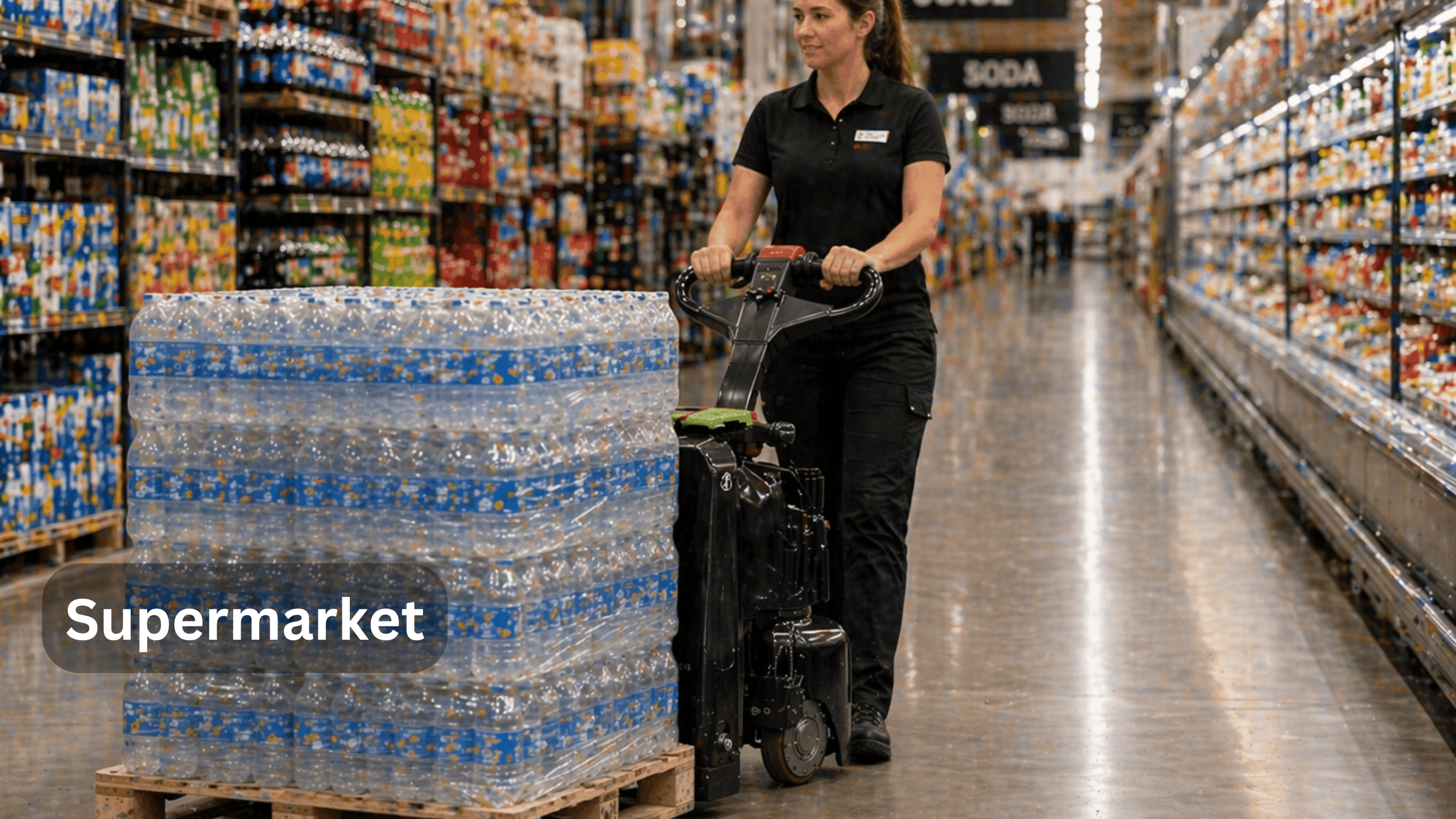 Raelon electric pallet jack F4-201 used in supermarket restocking and inventory movement