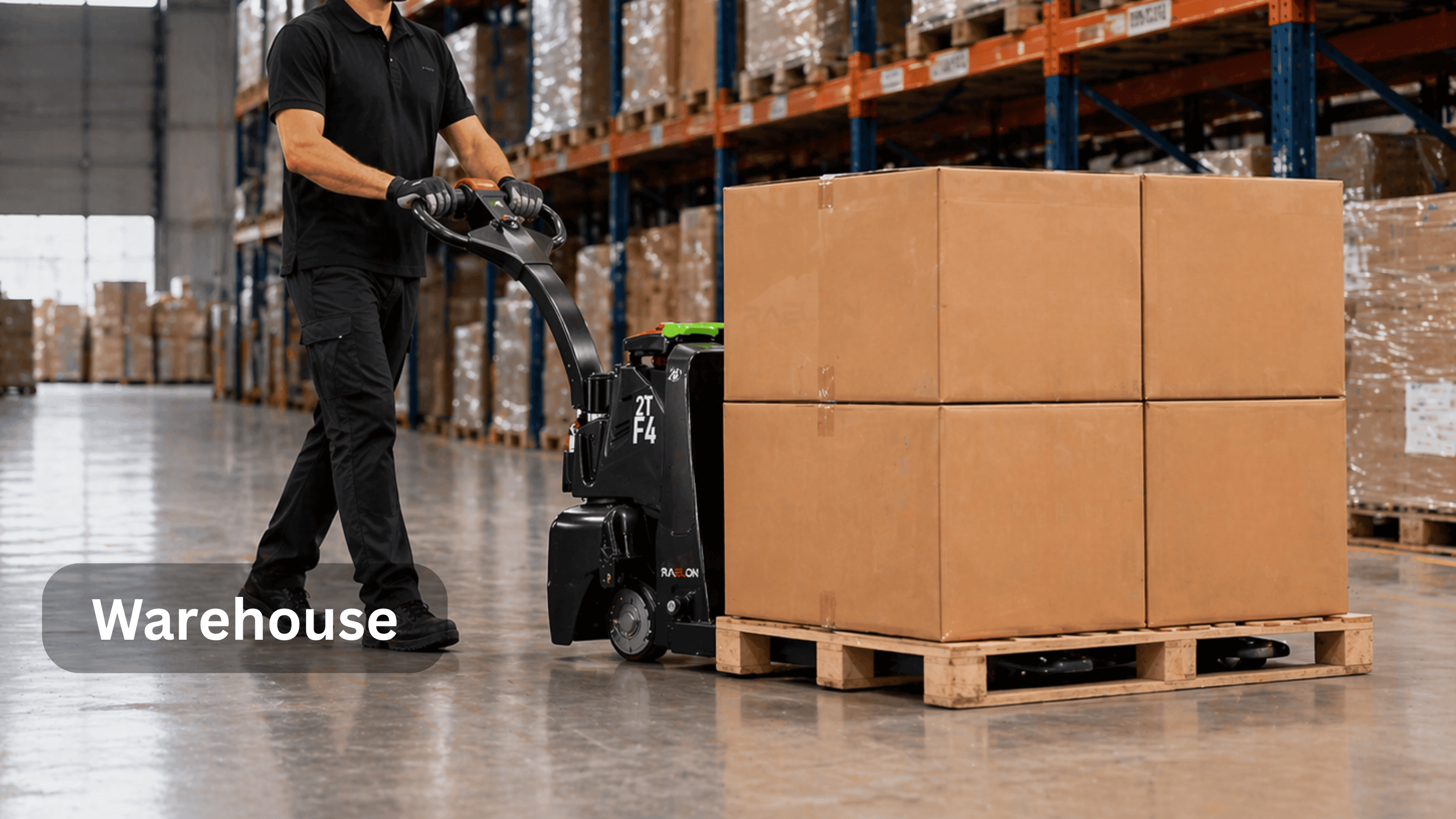 Raelon electric pallet jack F4-201 used in warehouse material handling for pallet movement