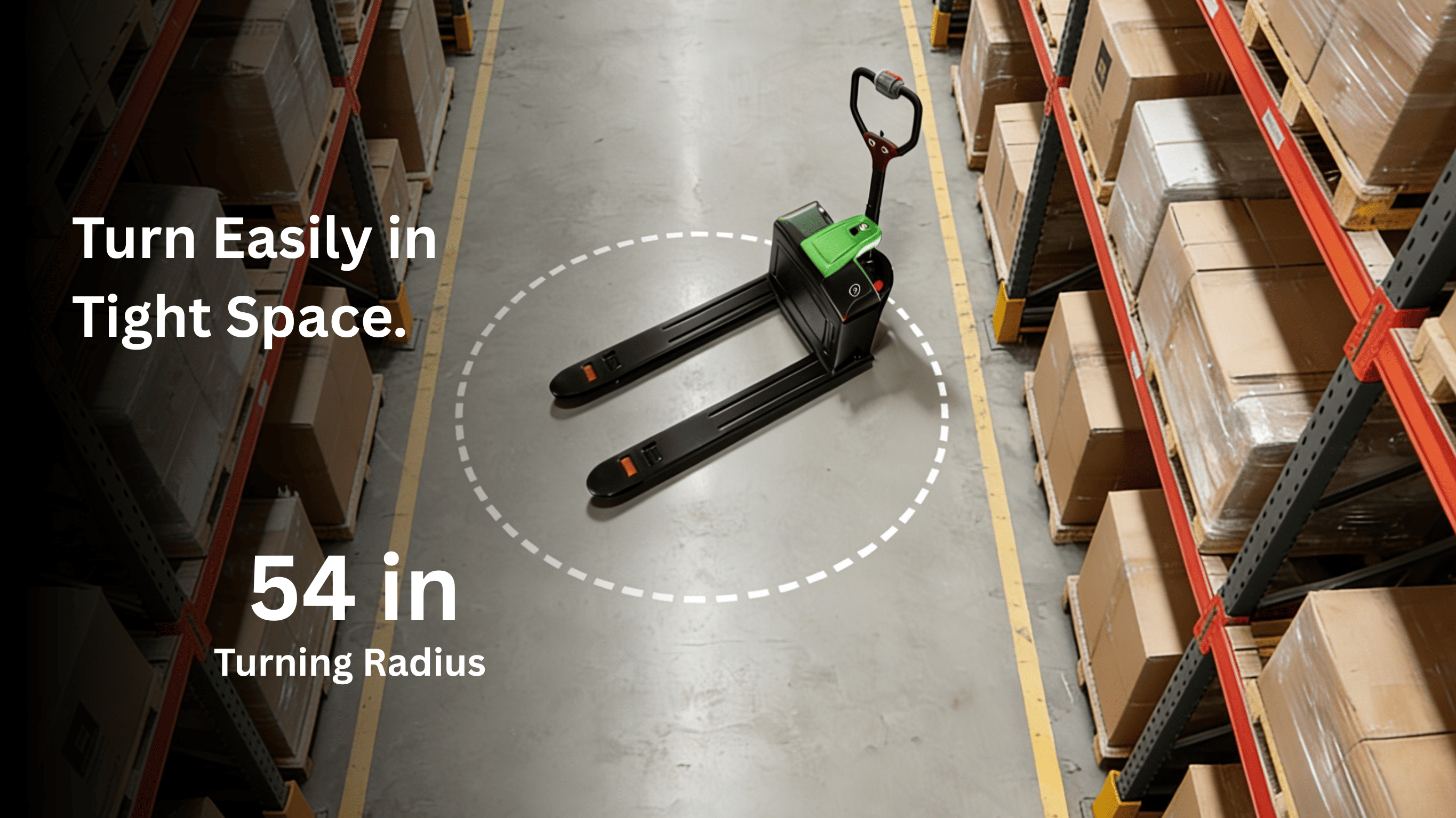 Raelon F4 turning in a narrow warehouse aisle