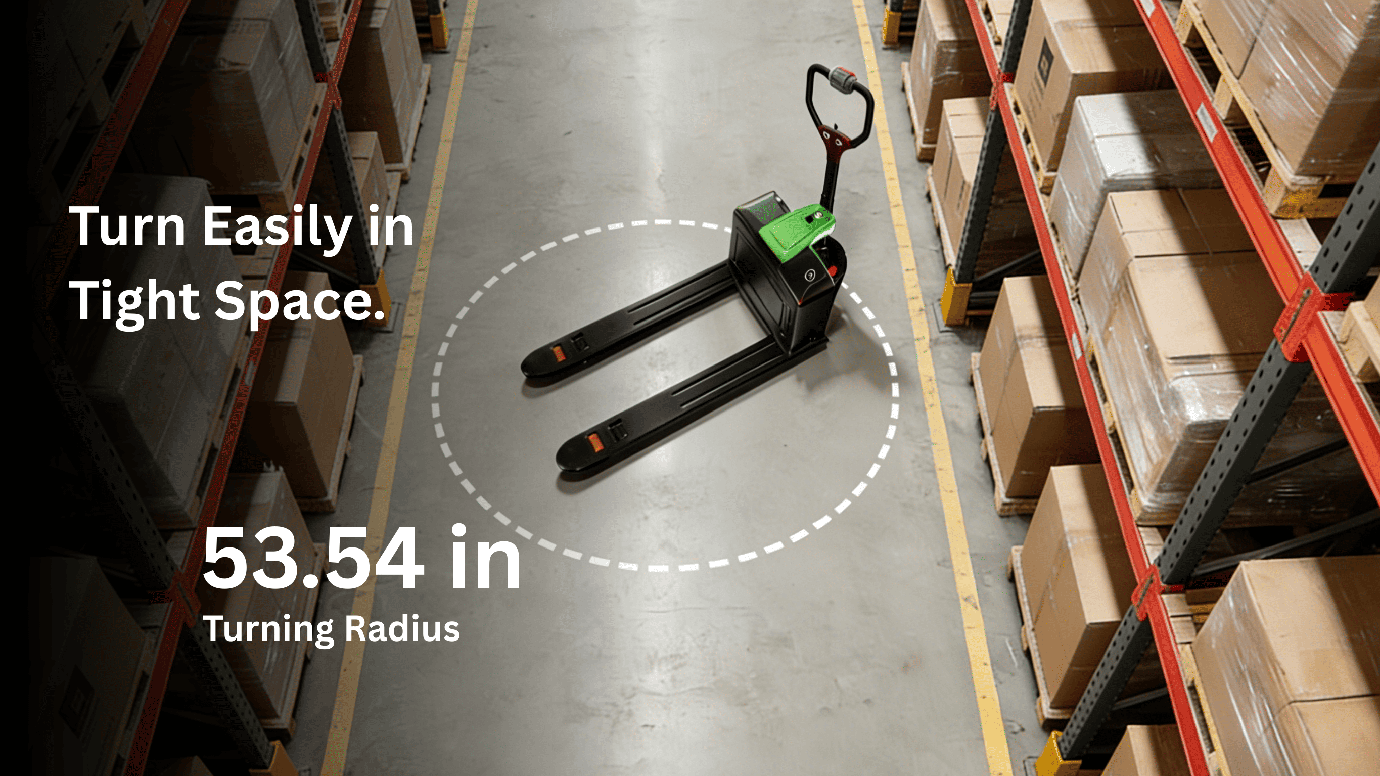 Raelon electric pallet jack F4 with 53.54 inch turning radius for tight warehouse spaces