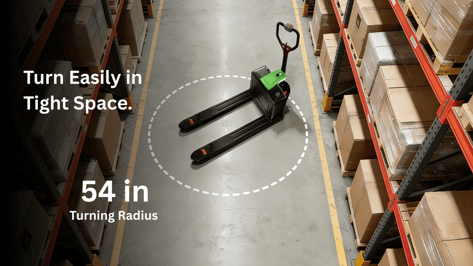 Raelon F4 turning in a narrow warehouse aisle