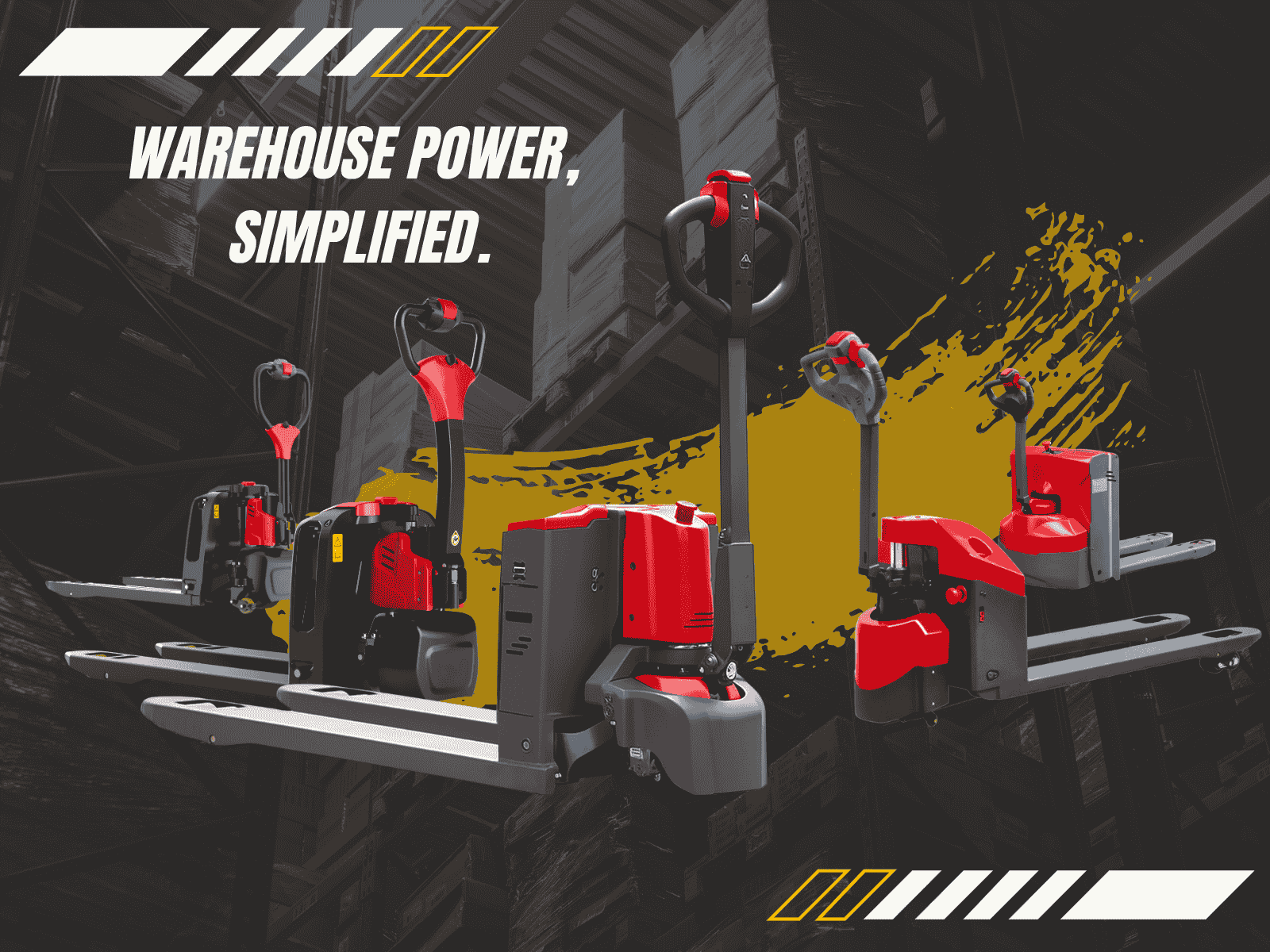 Vertical image featuring multiple Raelon electric pallet jack models, highlighting ergonomic handle controls and durable build for warehouse operations.