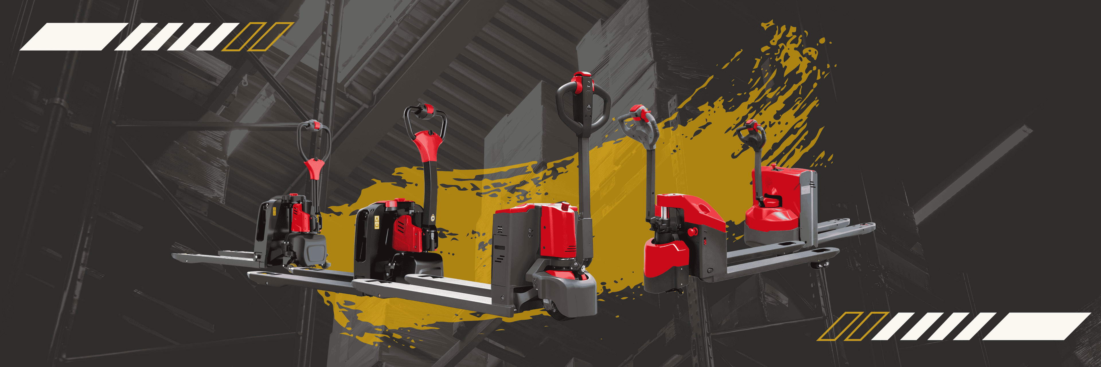 Lineup of Raelon electric pallet jacks displayed in a modern warehouse background, showcasing compact design and high-performance lifting solutions.