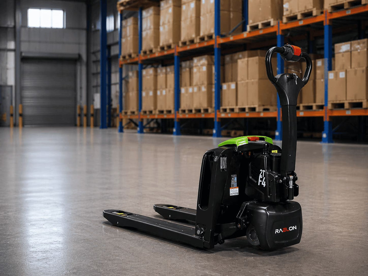 Raelon F4-201 4400lbs electric pallet jack in a warehouse aisle