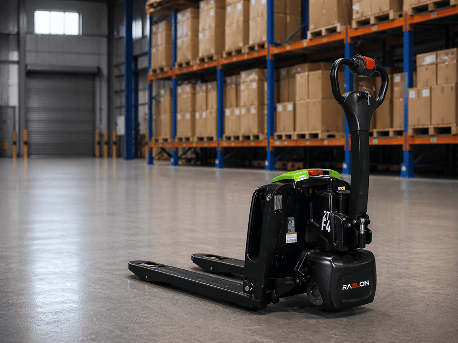 Raelon electric pallet jack in a warehouse aisle for modern warehousing, pallet movement, and daily material handling