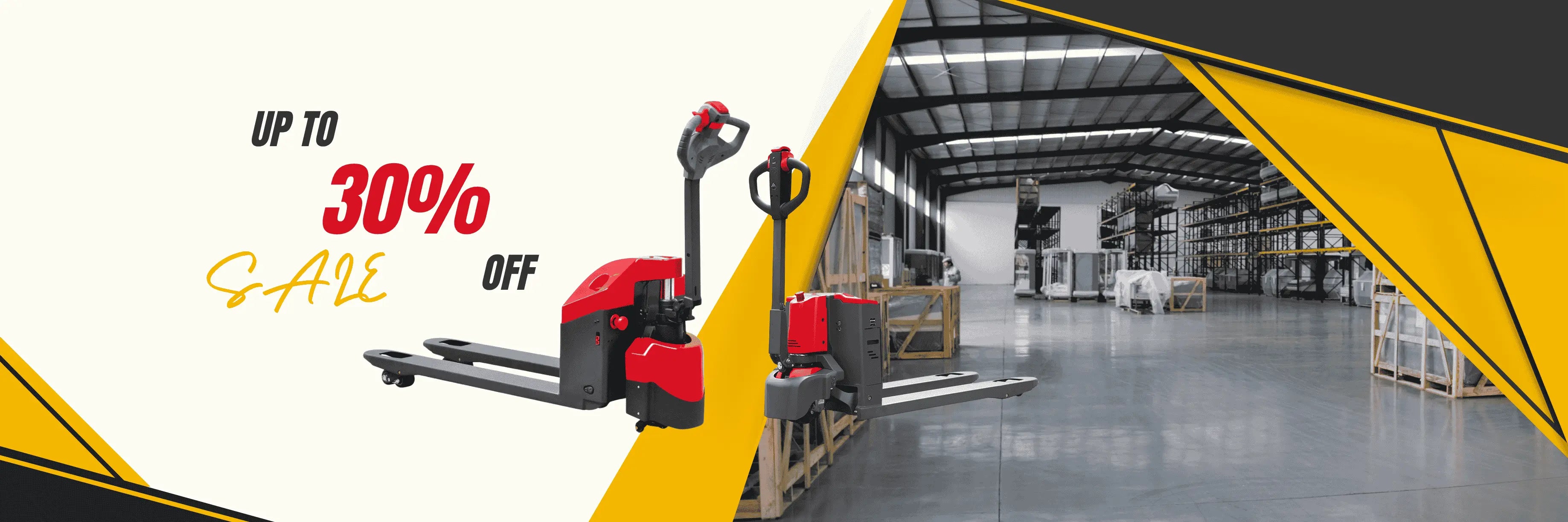 Hand pallet truck in a warehouse with promotional text for a sale.