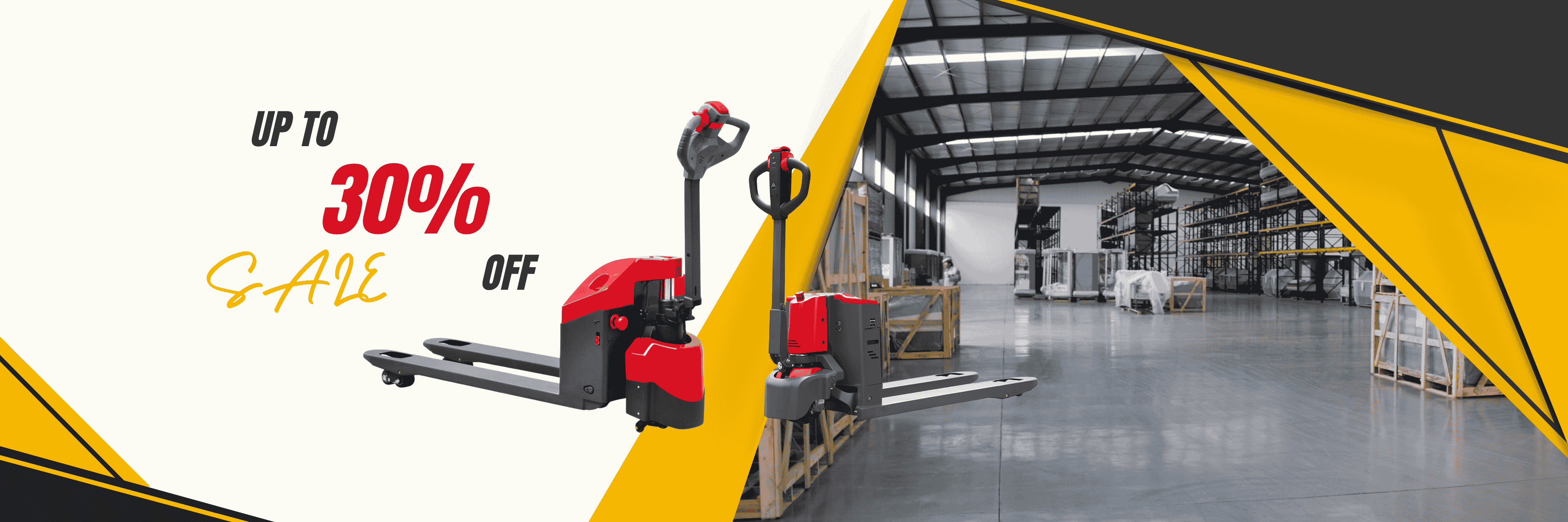 Electric pallet jack on warehouse floor – up to 30% off Raelon sale banner