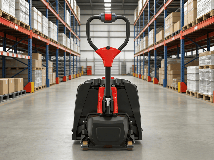 Raelon electric pallet jack in a warehouse aisle for daily material handling operations
