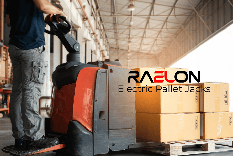 Raelon electric pallet jack used for warehouse material handling and pallet transport
