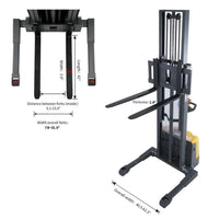 Raelon CTD15R electric walkie stacker fork and width dimensions: 42 in fork length, 7.9–31.5 in fork width, 46.5–62.3 in overall width
