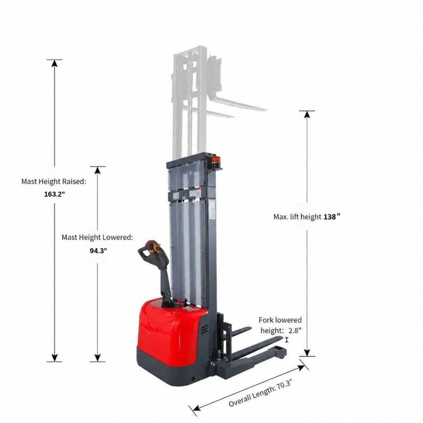 Raelon CTD15R electric walkie stacker dimensions: 94.3 in mast lowered, 163.2 in mast raised