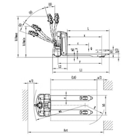 Raelon EPL205 electric pallet jack dimensions diagram showing fork length, handle height, turning radius, and aisle width