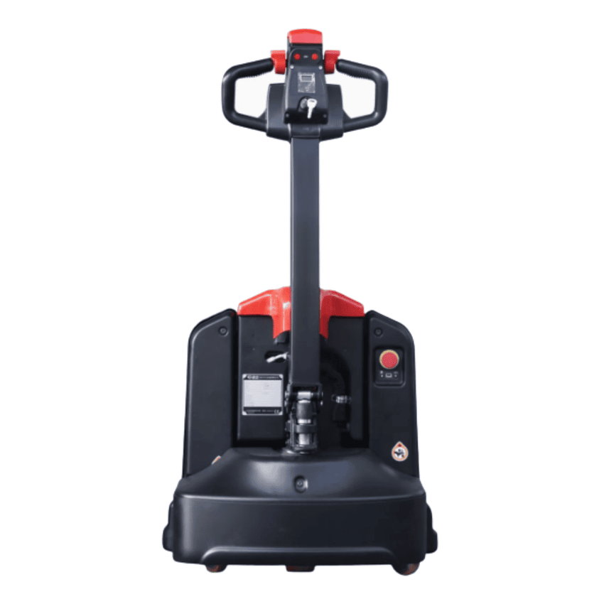 Raelon EPL205 electric pallet jack front view showing tiller handle and emergency stop