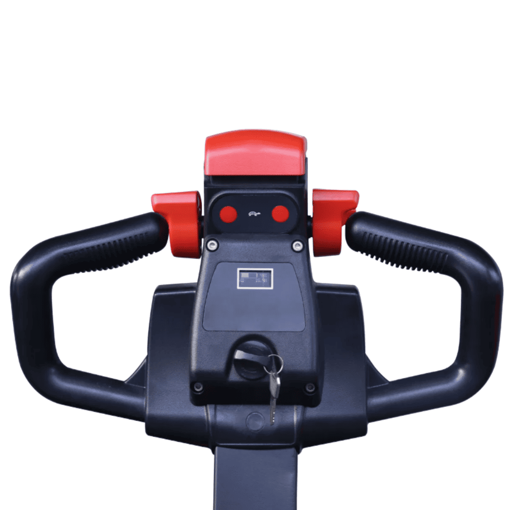 Raelon EPL205 electric pallet jack tiller handle close up with key switch and controls
