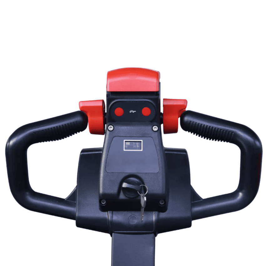Raelon EPL205 electric pallet jack tiller handle close up with key switch and controls