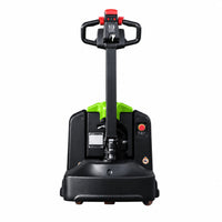 Operator-end view of the Raelon EPL205 showing the tiller handle, nameplate and emergency stop button