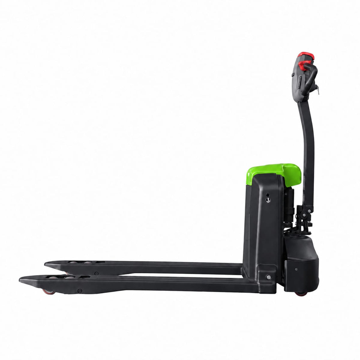 Side view of the Raelon EPL205 with the handle upright, green top cover and forks