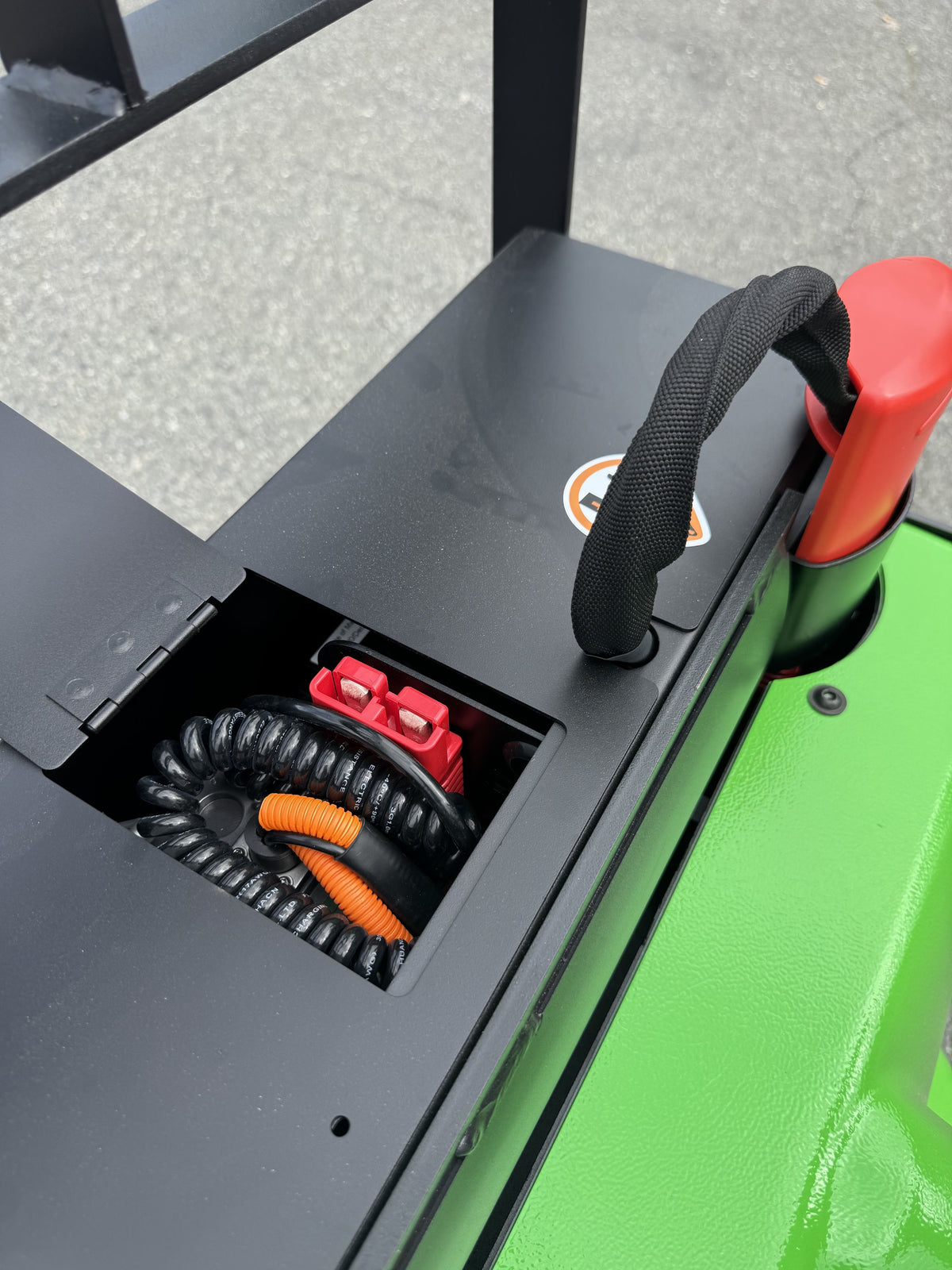 Raelon EPT25-WA electric pallet jack control panel close up with emergency stop and key switch