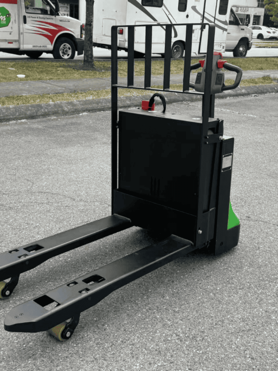 Raelon EPT25-WA electric pallet jack side view showing forks and load backrest