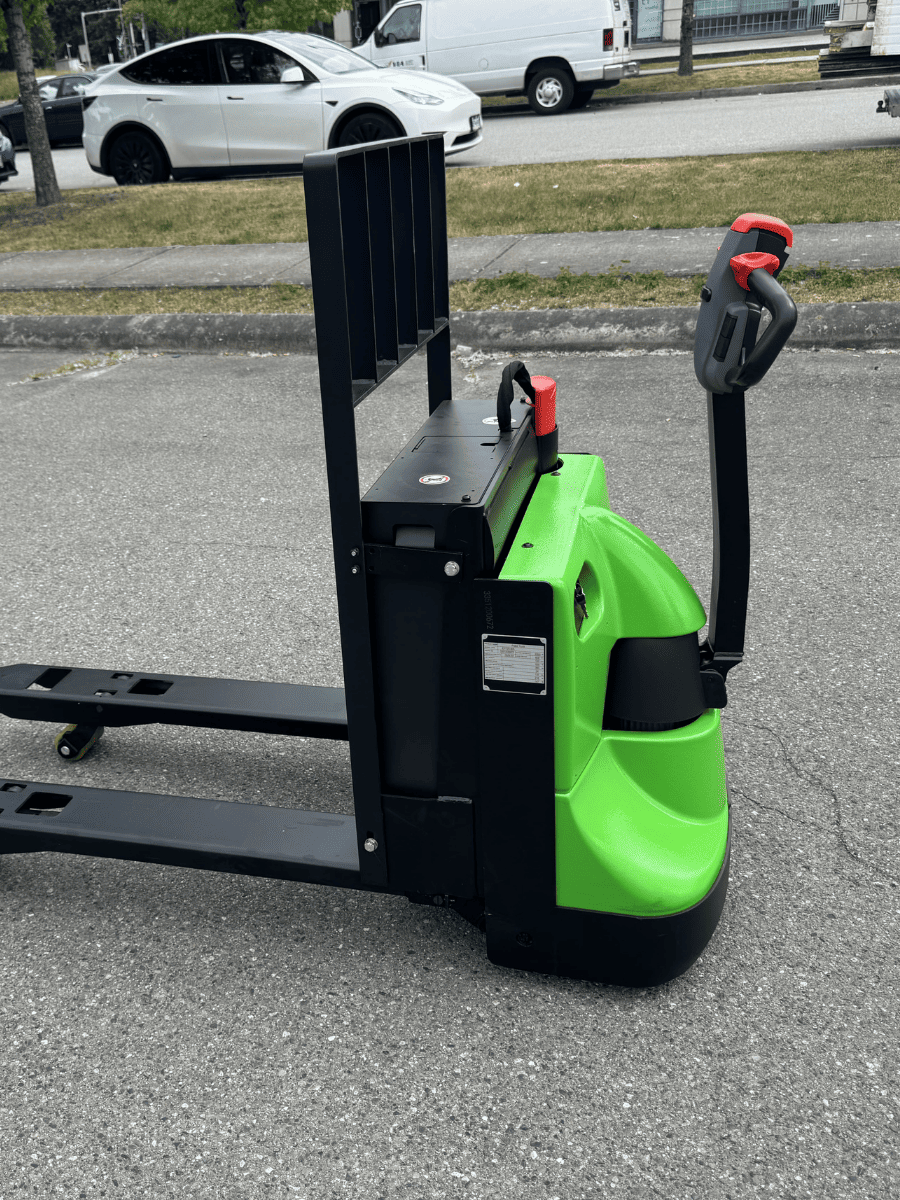 Raelon EPT25-WA electric pallet jack front view outdoors with green body and backrest