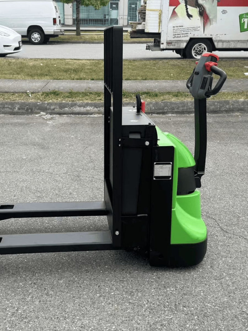 Raelon EPT25-WA electric pallet jack side view with backrest and long forks