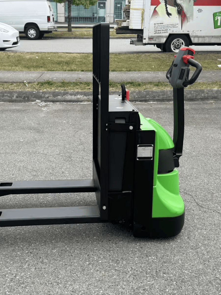 Raelon EPT25-WA electric pallet jack side view with backrest and long forks