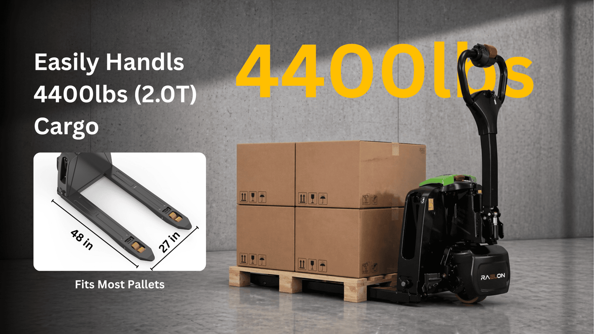 Raelon F4-201 with a pallet load and 48 by 27 inch fork reference