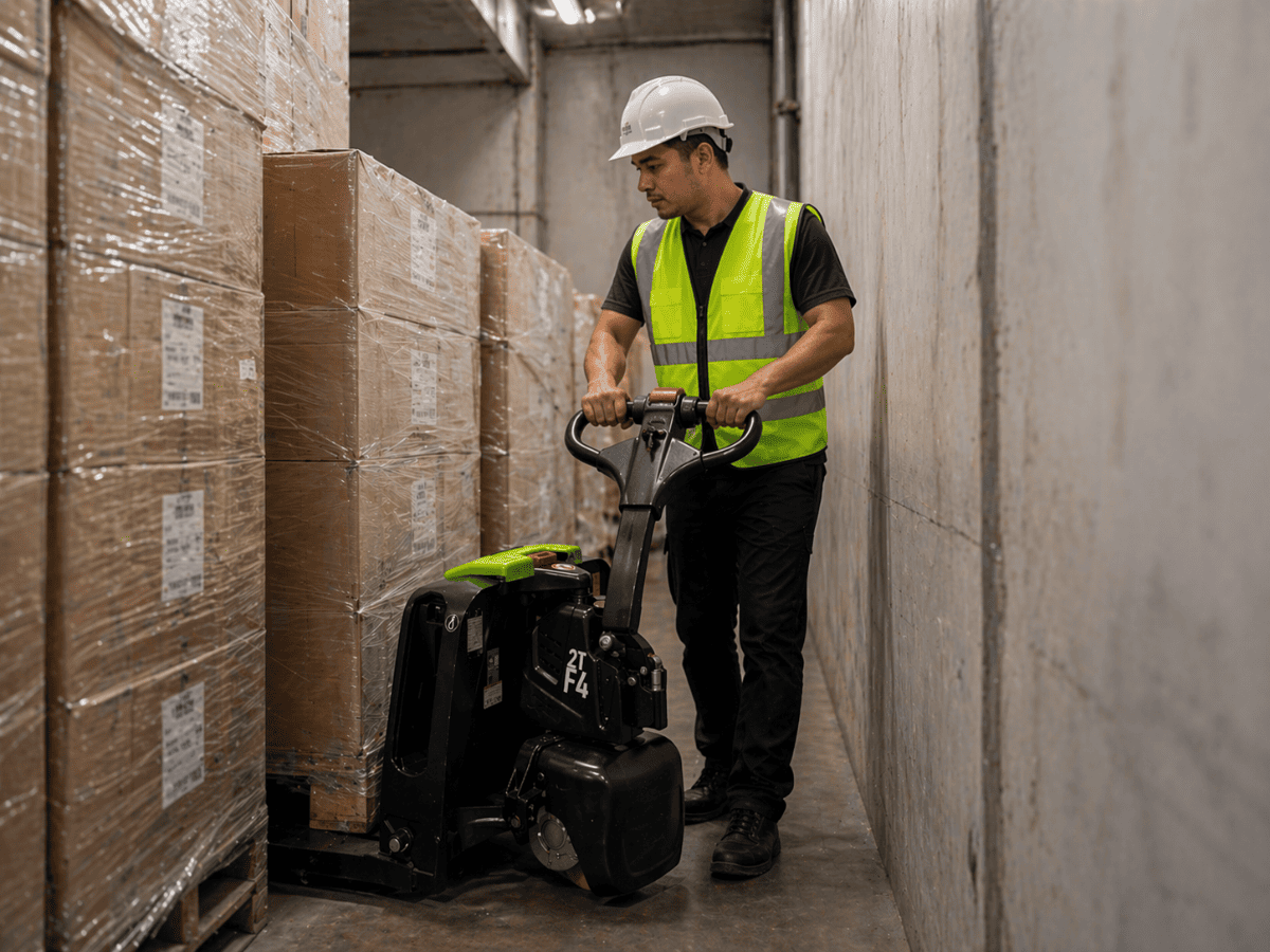 Raelon F4-201 compact electric pallet jack in a narrow warehouse aisle