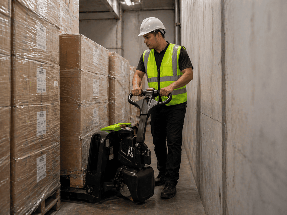 Raelon F4-201 operating in a narrow warehouse aisle