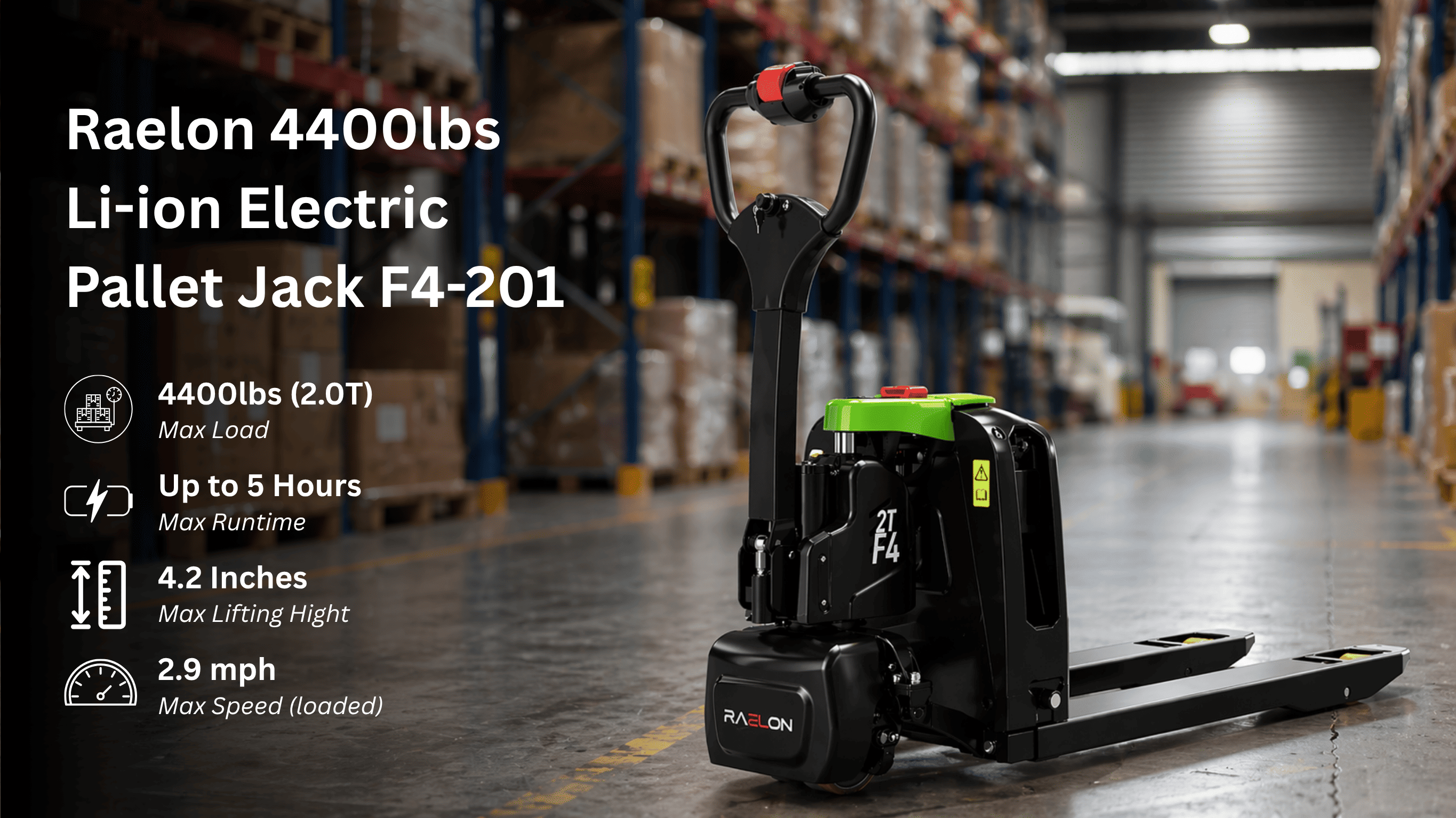 Raelon F4-201 electric pallet jack overview for heavier daily warehouse pallet movement