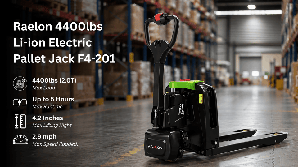 Raelon F4-201 electric pallet jack handling a pallet in a warehouse