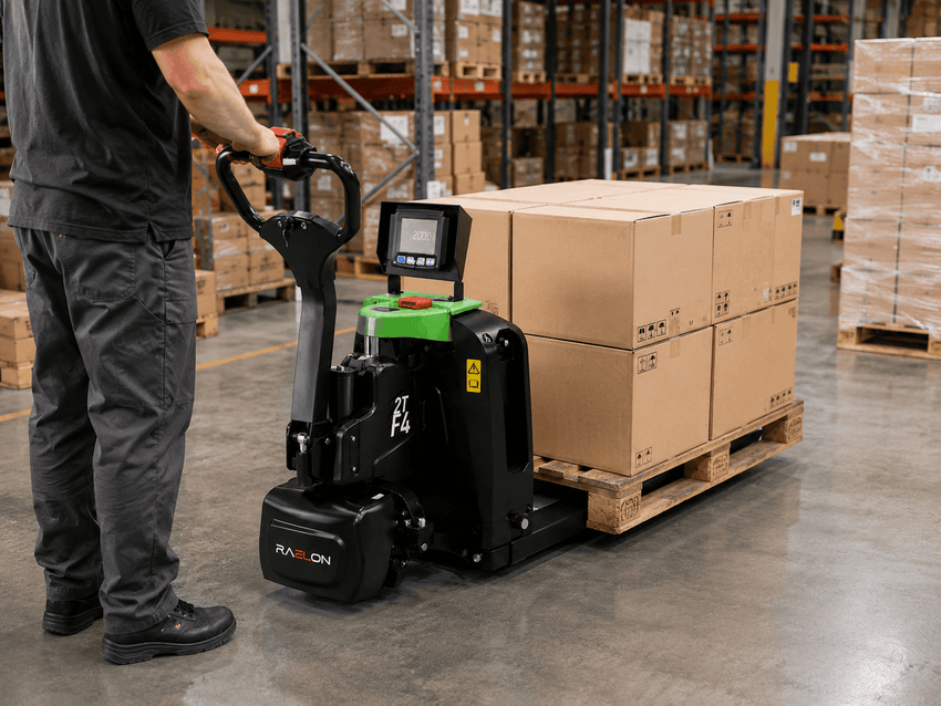 Raelon F4-201 electric pallet jack with scale used for warehouse pallet handling and weight verification