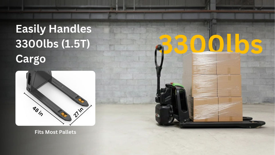 Raelon F4 carrying a standard 48 in pallet, with the 48 × 27 in fork size shown
