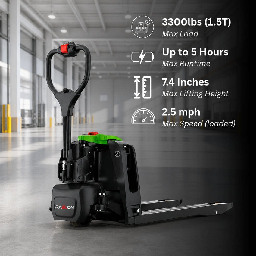 Raelon F4 electric pallet jack in a warehouse, with 3,300 lb capacity, about 5 hours per charge on light loads, 7.4 in lift and 2.5 mph loaded speed