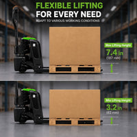 Raelon F4 electric pallet jack lift height comparison — max 7.4 in (187mm) raised and min 3.2 in (82mm) lowered