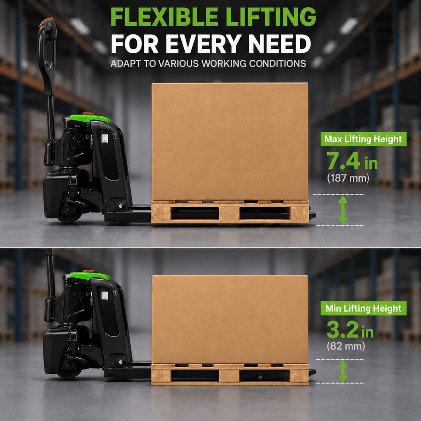 Raelon F4 electric pallet jack lift height comparison — max 7.4 in (187mm) raised and min 3.2 in (82mm) lowered