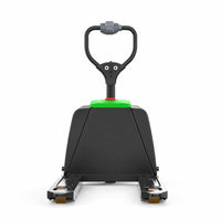 Raelon F4 electric pallet jack rear view with two green battery covers and the tiller handle, white background