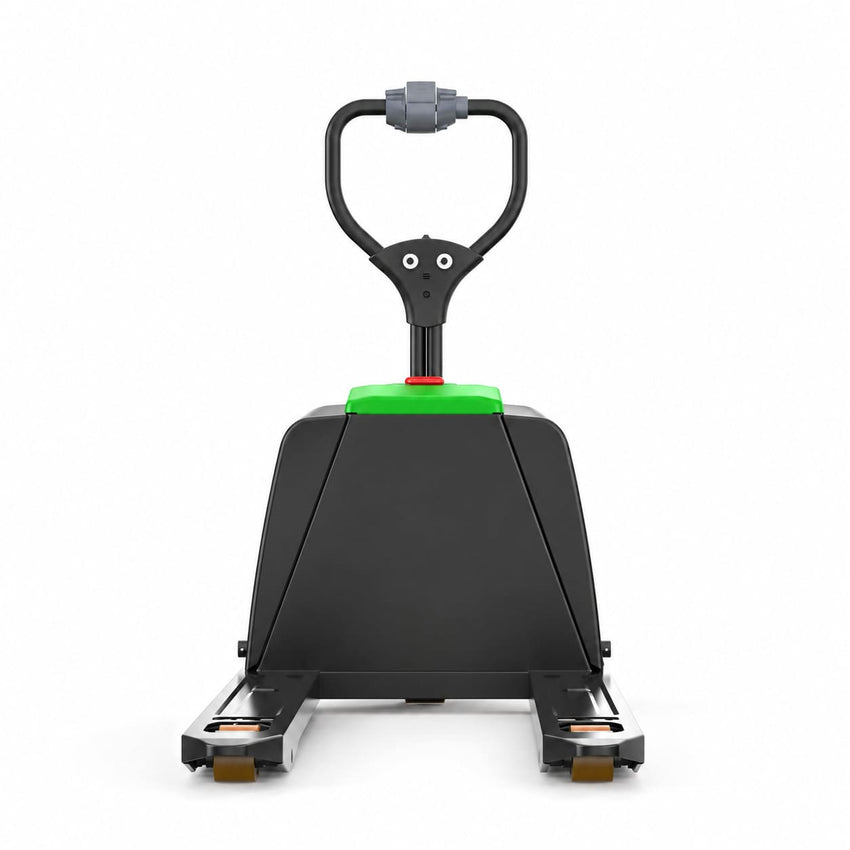 Raelon F4 electric pallet jack rear view with two green battery covers and the tiller handle, white background