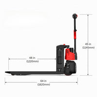 Raelon F4 3,300 lb electric pallet jack side view with dimensions — 48 in (1220mm) fork length, 64 in (1620mm) overall length, 45 in (1145mm) handle height