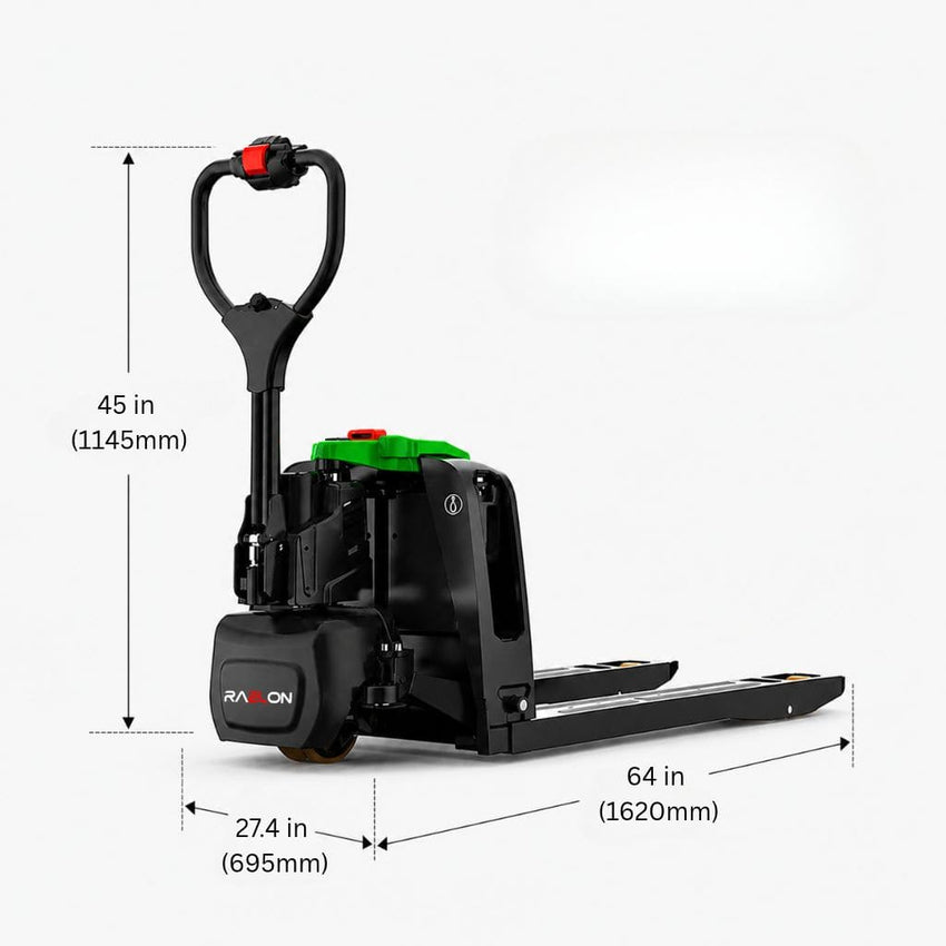 Raelon F4 3,300 lb electric pallet jack three-quarter view with dimensions — 45 in (1145mm) height, 27.4 in (695mm) width, 64 in (1620mm) length
