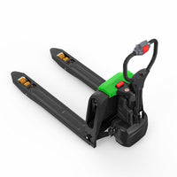 Raelon F4 electric pallet jack from the fork end, looking down the 48 in forks